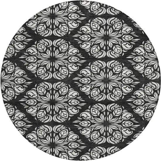 8' Black And Ivory Round Damask Washable Indoor Outdoor Area Rug Photo 1