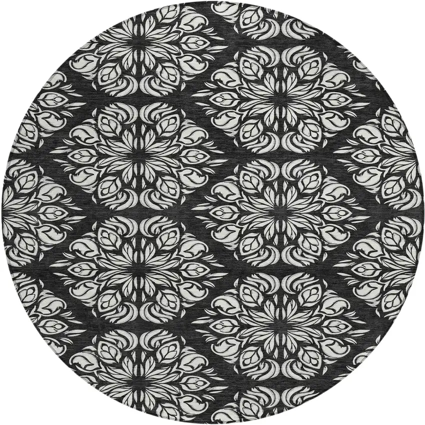 8' Black And Ivory Round Damask Washable Indoor Outdoor Area Rug Photo 1