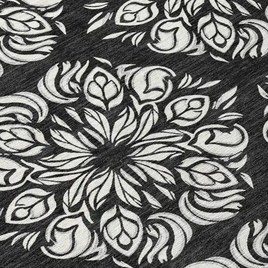 8' Black And Ivory Round Damask Washable Indoor Outdoor Area Rug Photo 7