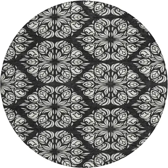 8' Black And Ivory Round Damask Washable Indoor Outdoor Area Rug Photo 3