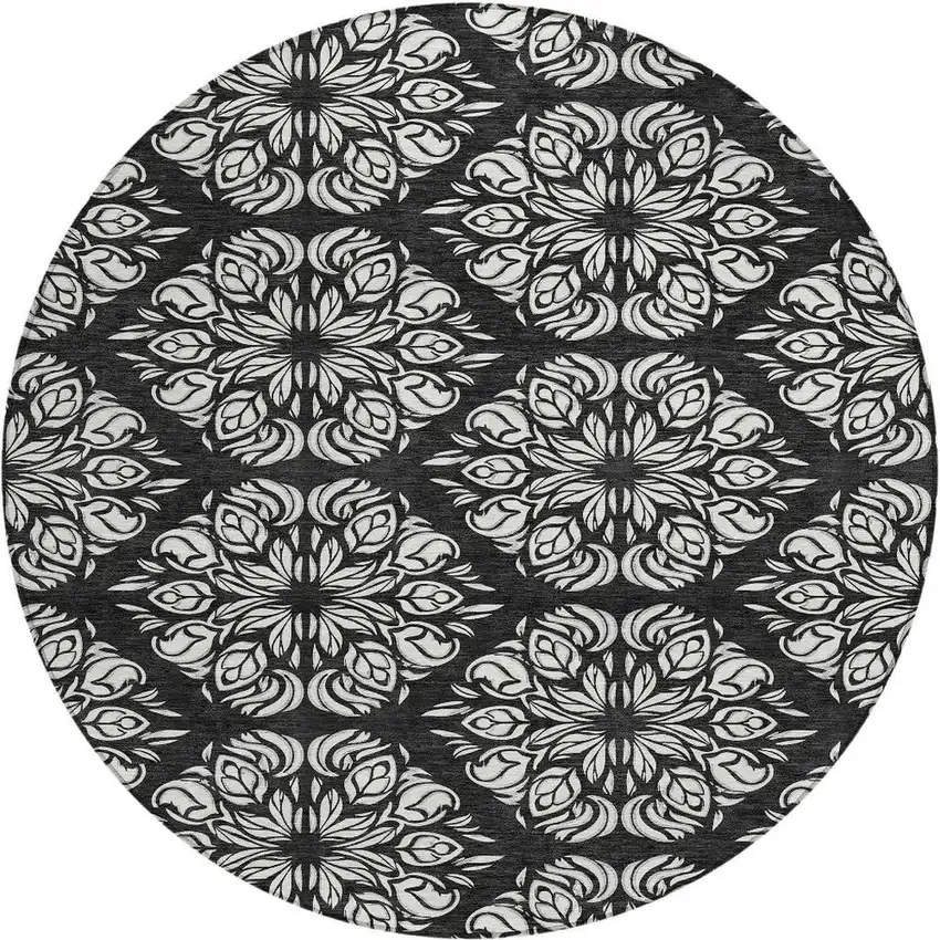 8' Black And Ivory Round Damask Washable Indoor Outdoor Area Rug Photo 3