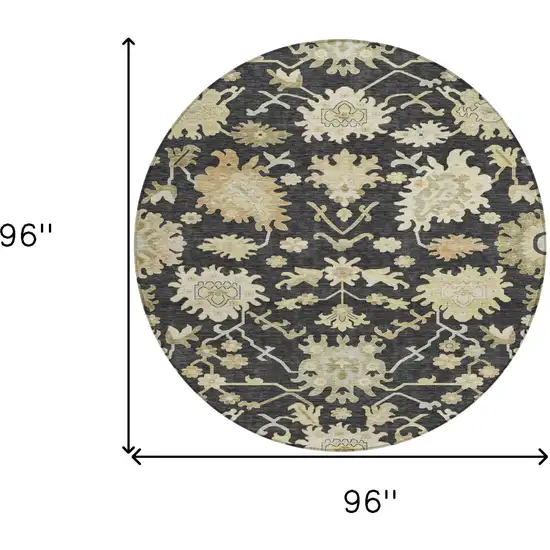 8' Black And Ivory Round Floral Washable Indoor Outdoor Area Rug Photo 9