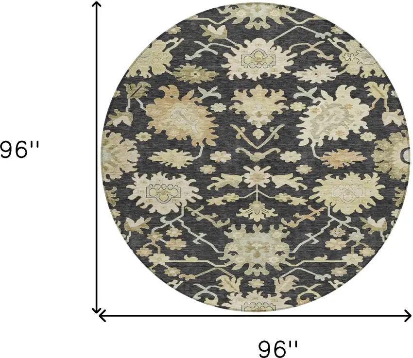 8' Black And Ivory Round Floral Washable Indoor Outdoor Area Rug Photo 9