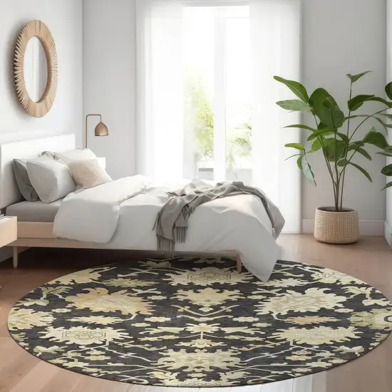 8' Black And Ivory Round Floral Washable Indoor Outdoor Area Rug Photo 8