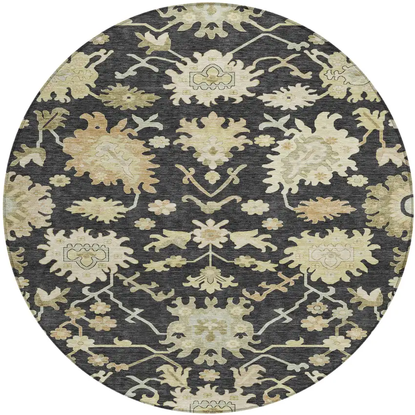 8' Black And Ivory Round Floral Washable Indoor Outdoor Area Rug Photo 2