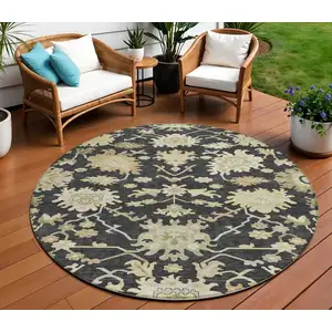 Photo of 8' Black And Ivory Round Floral Washable Indoor Outdoor Area Rug