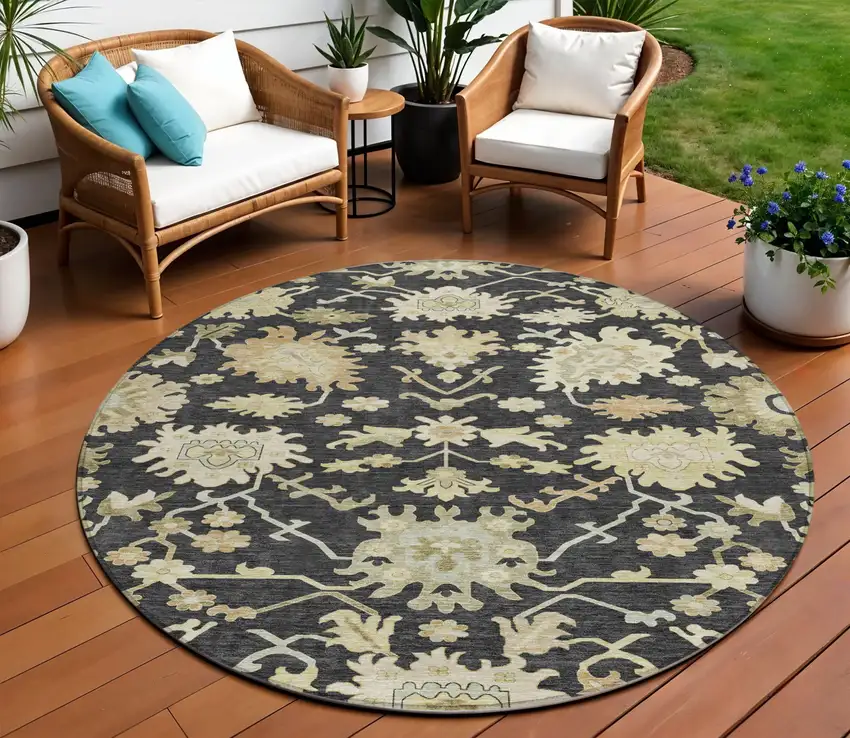 8' Black And Ivory Round Floral Washable Indoor Outdoor Area Rug Photo 1