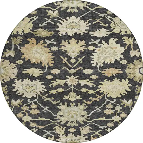 8' Black And Ivory Round Floral Washable Indoor Outdoor Area Rug Photo 6