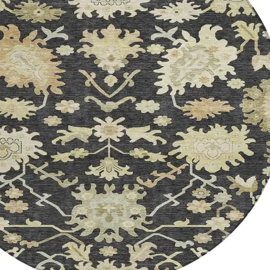 8' Black And Ivory Round Floral Washable Indoor Outdoor Area Rug Photo 5