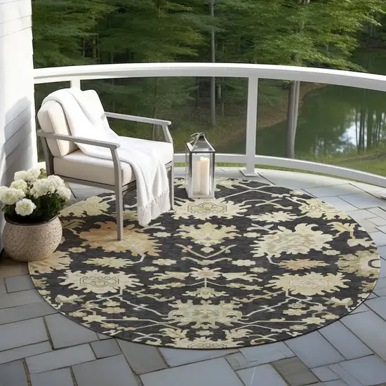 8' Black And Ivory Round Floral Washable Indoor Outdoor Area Rug Photo 7