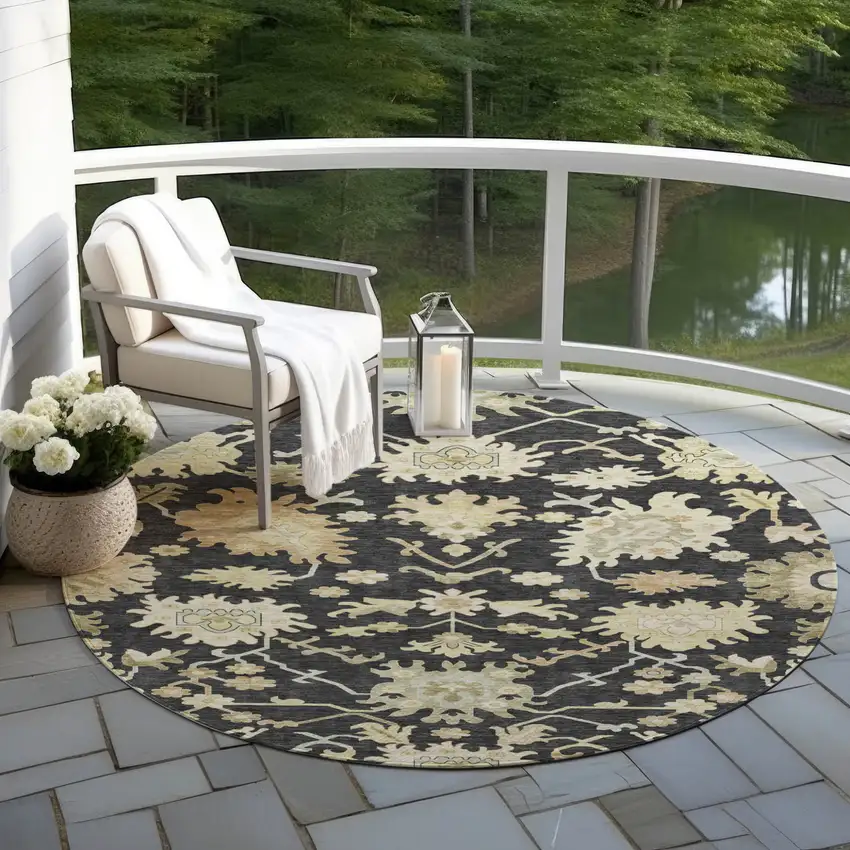 8' Black And Ivory Round Floral Washable Indoor Outdoor Area Rug Photo 7