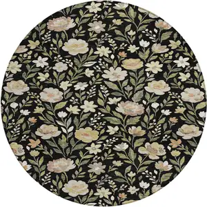 Photo of 8' Black And Ivory Round Floral Washable Indoor Outdoor Area Rug