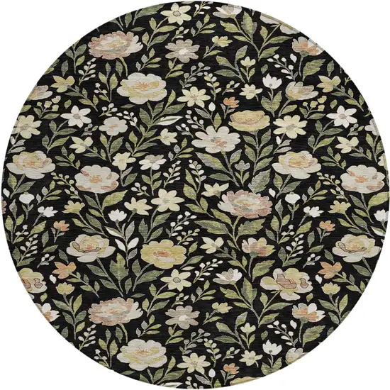 8' Black And Ivory Round Floral Washable Indoor Outdoor Area Rug Photo 1