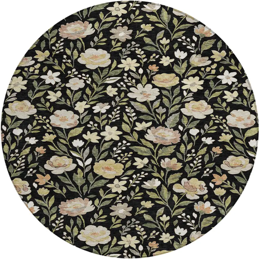 8' Black And Ivory Round Floral Washable Indoor Outdoor Area Rug Photo 1