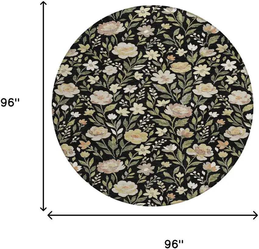 8' Black And Ivory Round Floral Washable Indoor Outdoor Area Rug Photo 8