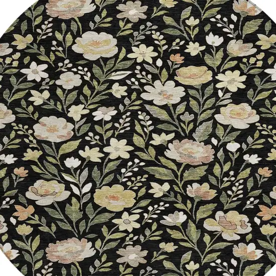 8' Black And Ivory Round Floral Washable Indoor Outdoor Area Rug Photo 2