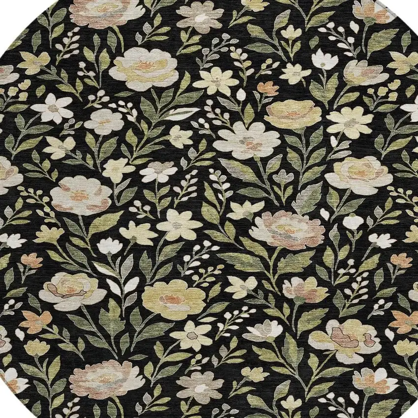8' Black And Ivory Round Floral Washable Indoor Outdoor Area Rug Photo 2