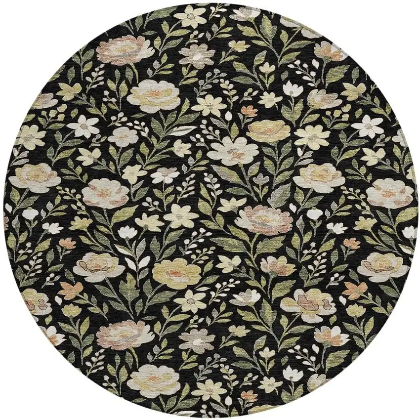 8' Black And Ivory Round Floral Washable Indoor Outdoor Area Rug Photo 3
