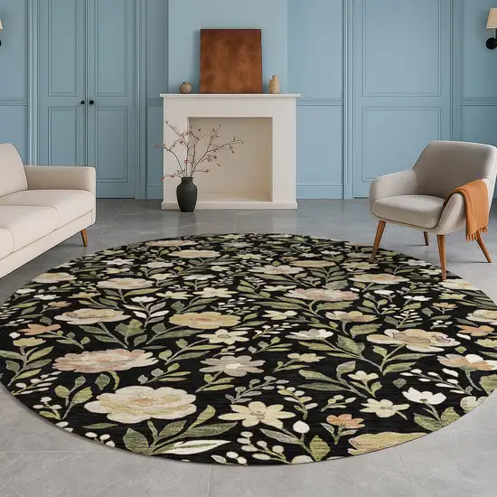8' Black And Ivory Round Floral Washable Indoor Outdoor Area Rug Photo 5