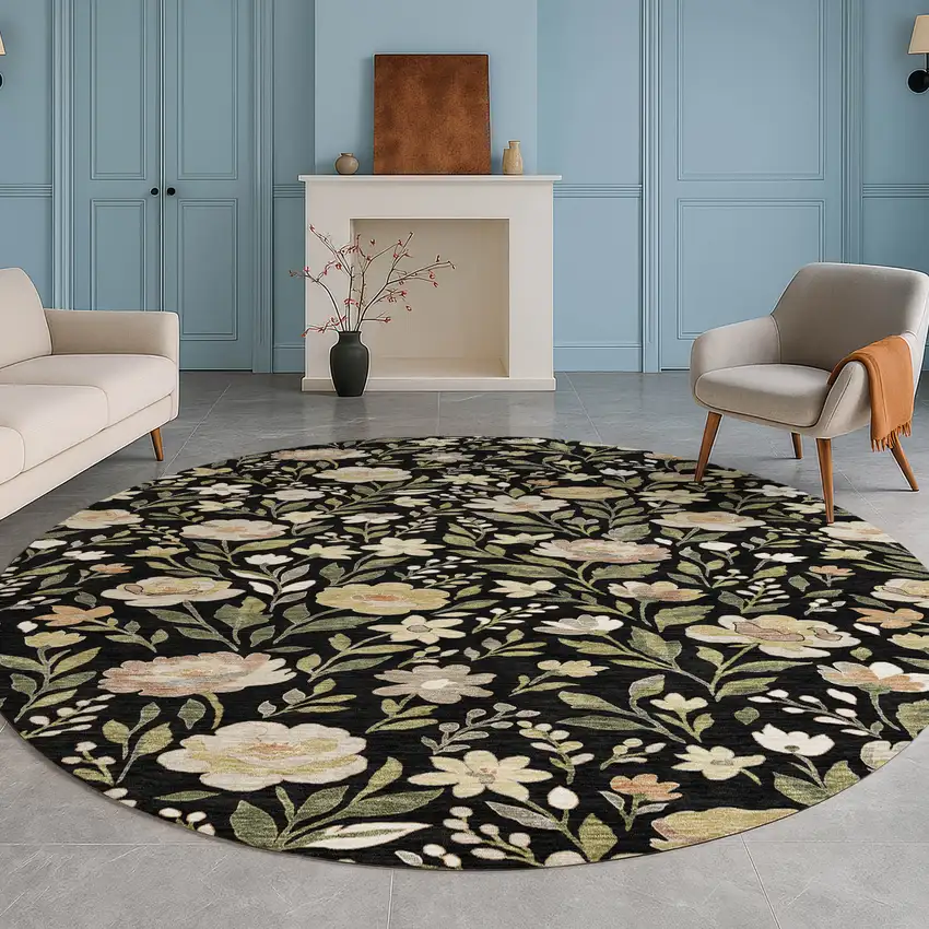 8' Black And Ivory Round Floral Washable Indoor Outdoor Area Rug Photo 5