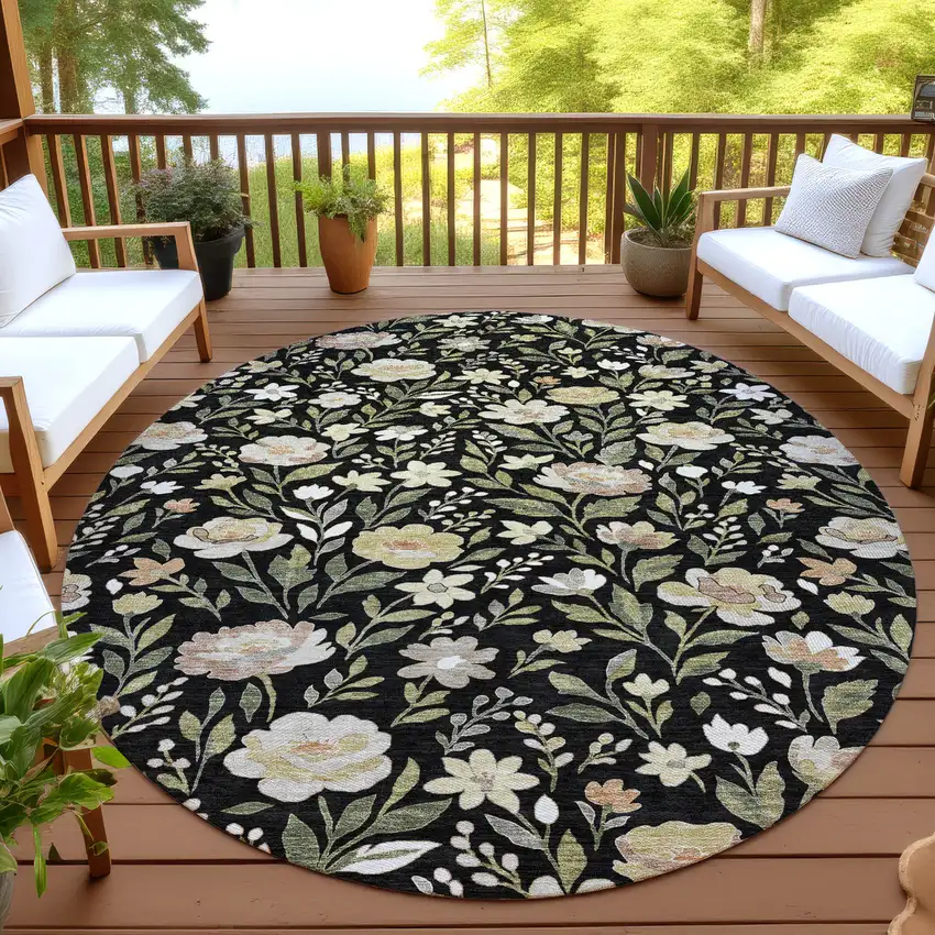 8' Black And Ivory Round Floral Washable Indoor Outdoor Area Rug Photo 4