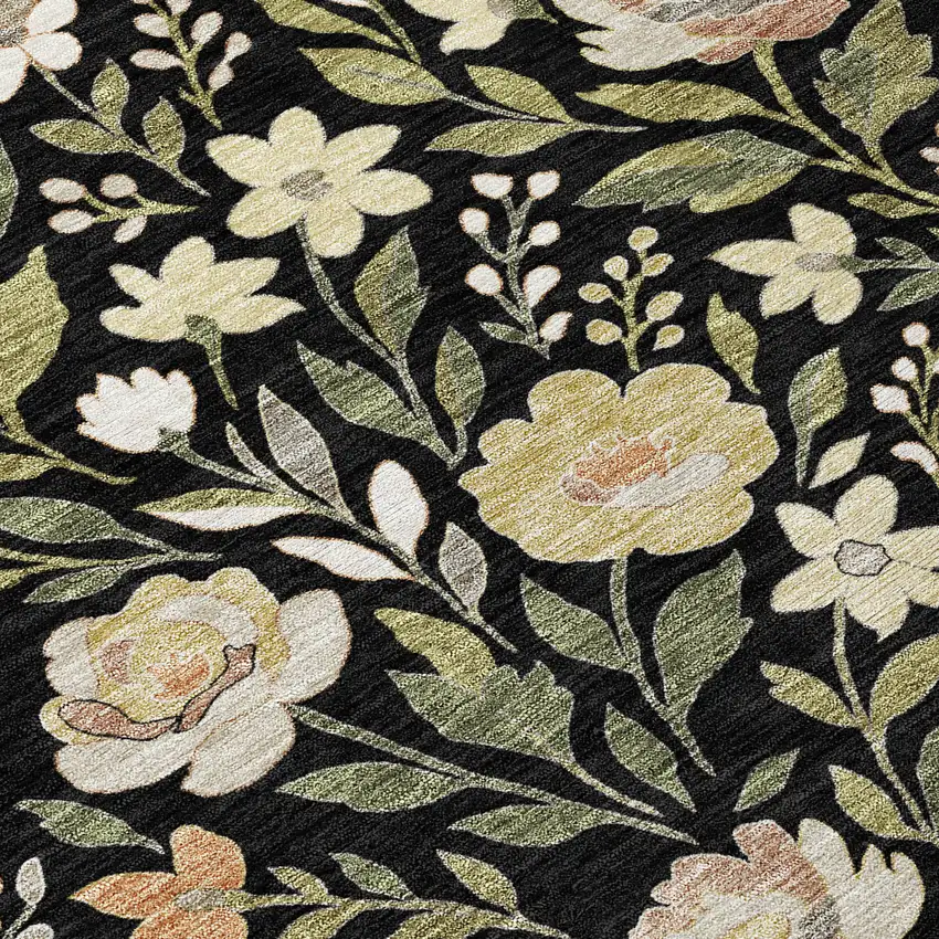 8' Black And Ivory Round Floral Washable Indoor Outdoor Area Rug Photo 7