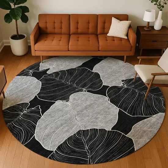 8' Black And Ivory Round Floral Washable Indoor Outdoor Area Rug Photo 5
