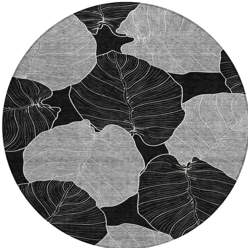 8' Black And Ivory Round Floral Washable Indoor Outdoor Area Rug Photo 3