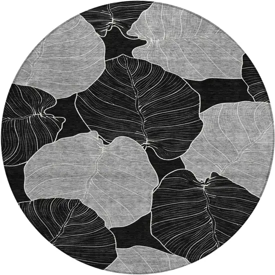 8' Black And Ivory Round Floral Washable Indoor Outdoor Area Rug Photo 1