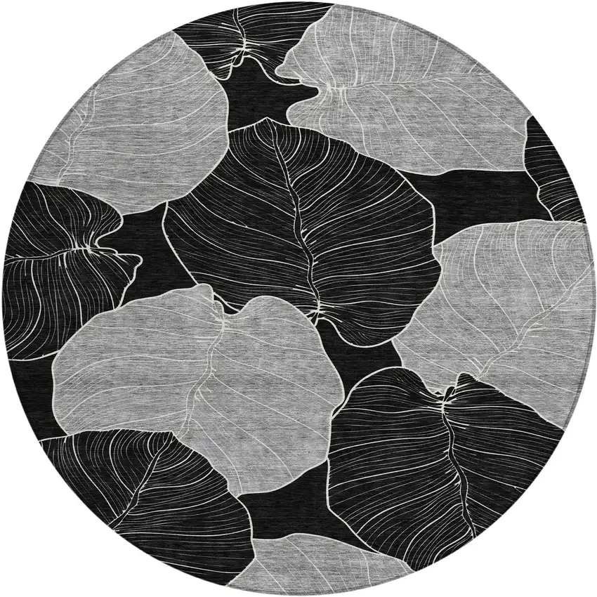 8' Black And Ivory Round Floral Washable Indoor Outdoor Area Rug Photo 1