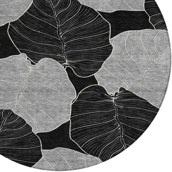 8' Black And Ivory Round Floral Washable Indoor Outdoor Area Rug Photo 2