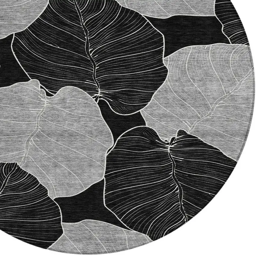 8' Black And Ivory Round Floral Washable Indoor Outdoor Area Rug Photo 2