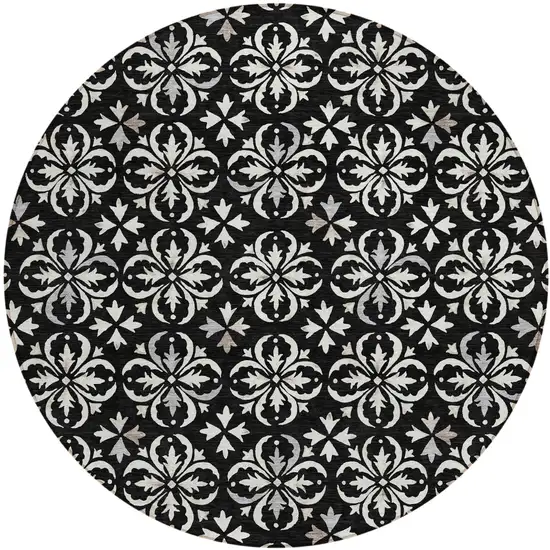 8' Black And Ivory Round Floral Washable Indoor Outdoor Area Rug Photo 2