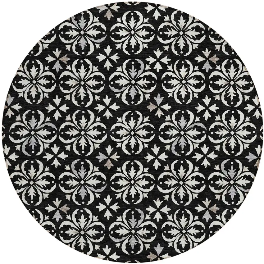 8' Black And Ivory Round Floral Washable Indoor Outdoor Area Rug Photo 2