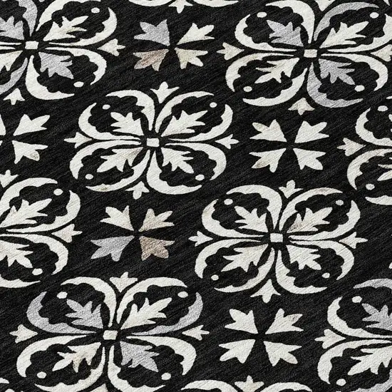 8' Black And Ivory Round Floral Washable Indoor Outdoor Area Rug Photo 7