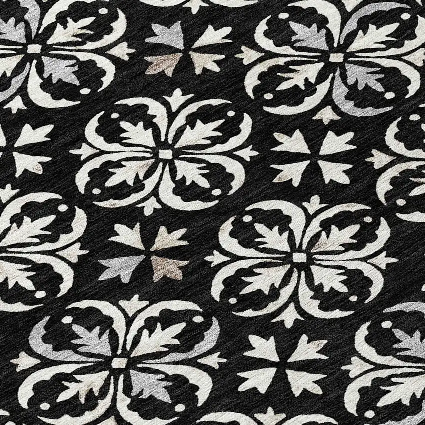 8' Black And Ivory Round Floral Washable Indoor Outdoor Area Rug Photo 7