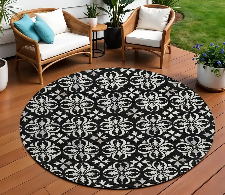 8' Black And Ivory Round Floral Washable Indoor Outdoor Area Rug Photo 1