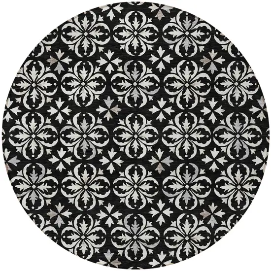 8' Black And Ivory Round Floral Washable Indoor Outdoor Area Rug Photo 4