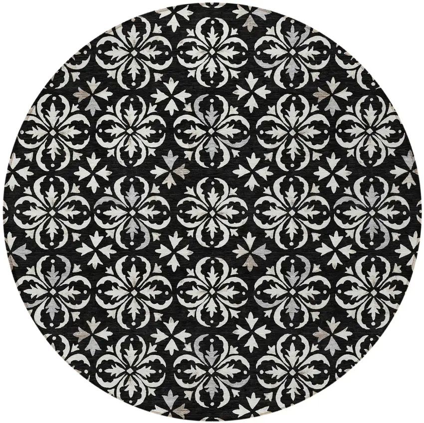 8' Black And Ivory Round Floral Washable Indoor Outdoor Area Rug Photo 4
