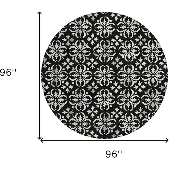 8' Black And Ivory Round Floral Washable Indoor Outdoor Area Rug Photo 3