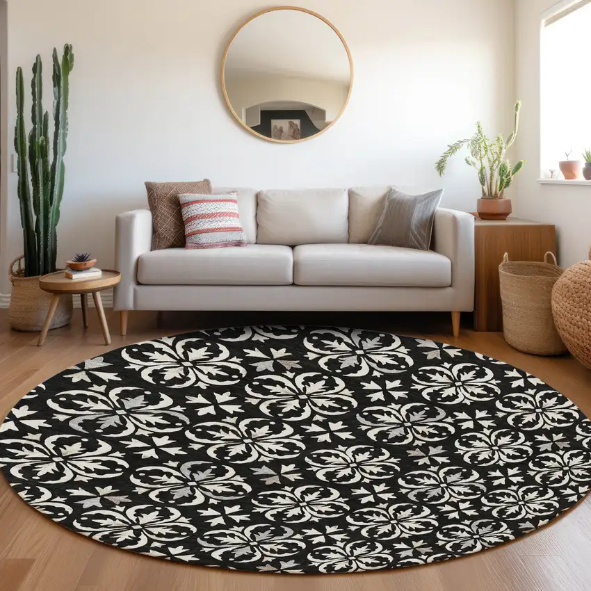 8' Black And Ivory Round Floral Washable Indoor Outdoor Area Rug Photo 6