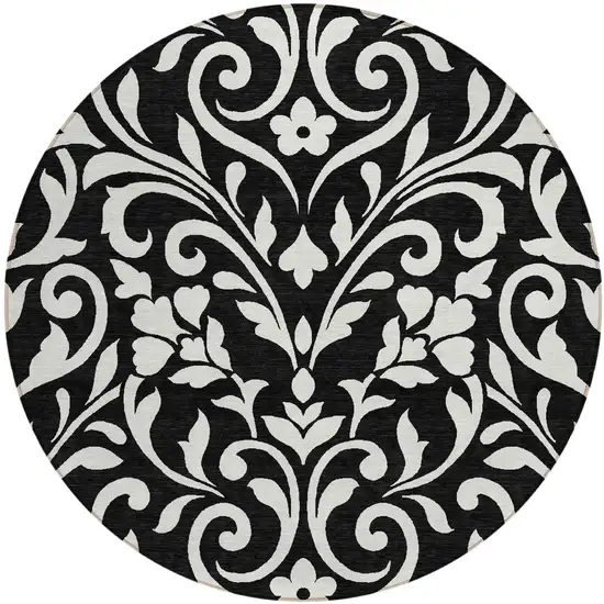 8' Black And Ivory Round Floral Washable Indoor Outdoor Area Rug Photo 2