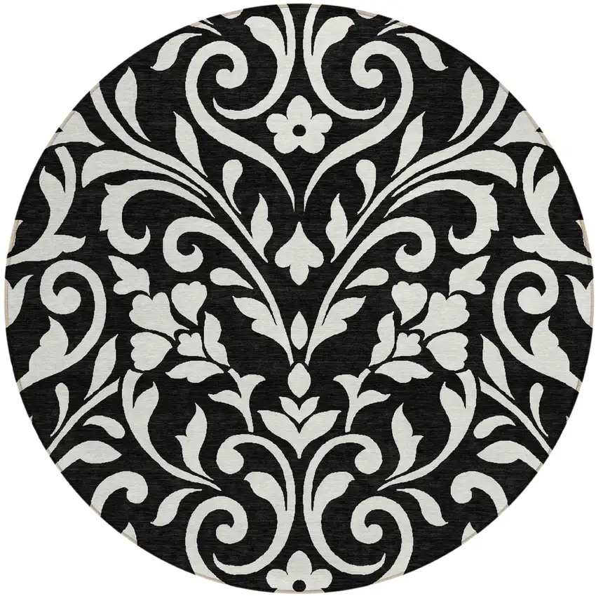 8' Black And Ivory Round Floral Washable Indoor Outdoor Area Rug Photo 2