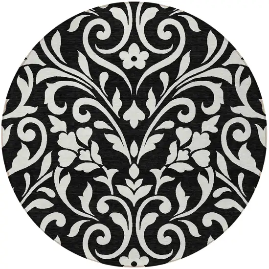 8' Black And Ivory Round Floral Washable Indoor Outdoor Area Rug Photo 5
