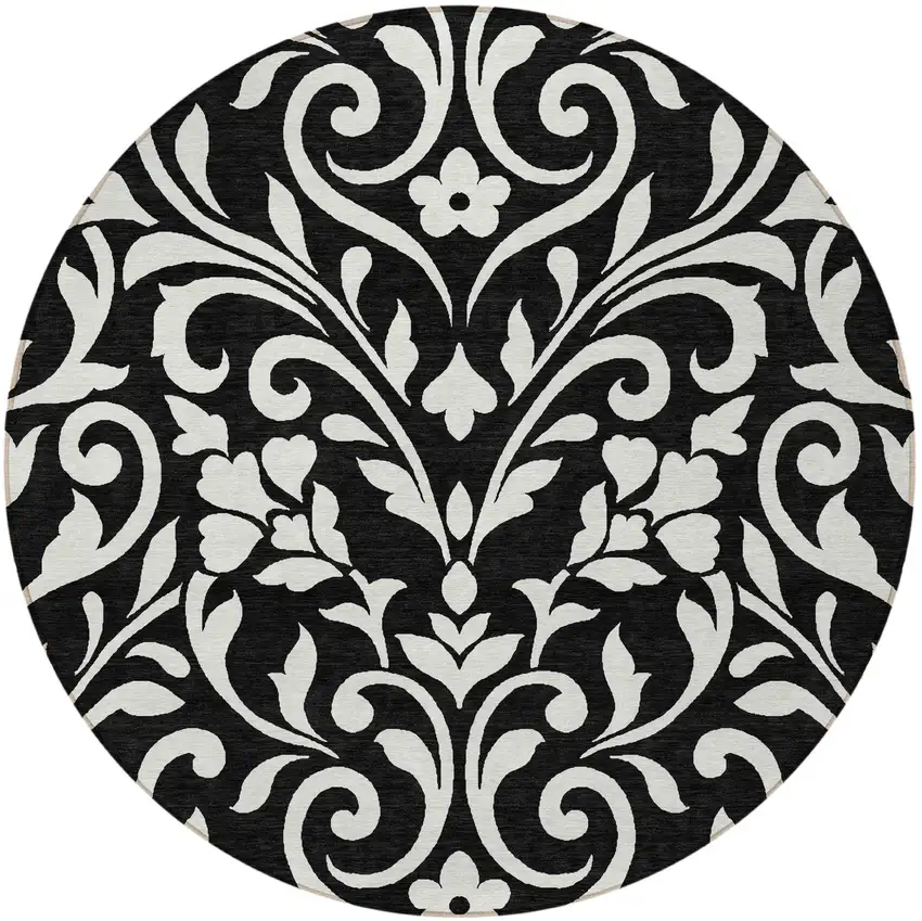 8' Black And Ivory Round Floral Washable Indoor Outdoor Area Rug Photo 5