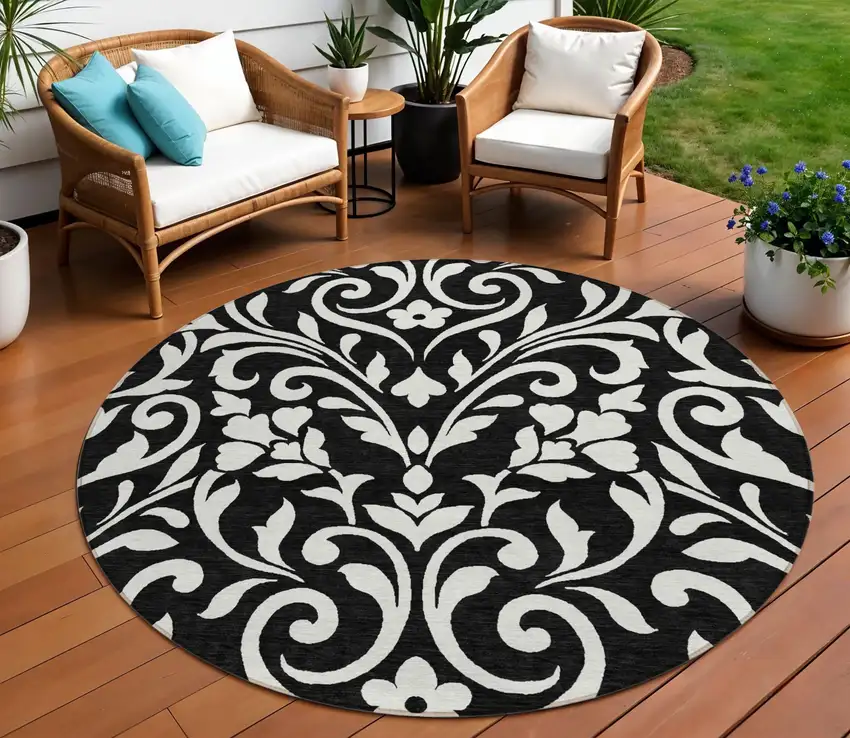 8' Black And Ivory Round Floral Washable Indoor Outdoor Area Rug Photo 1