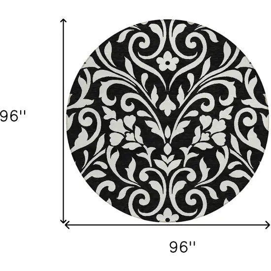 8' Black And Ivory Round Floral Washable Indoor Outdoor Area Rug Photo 3