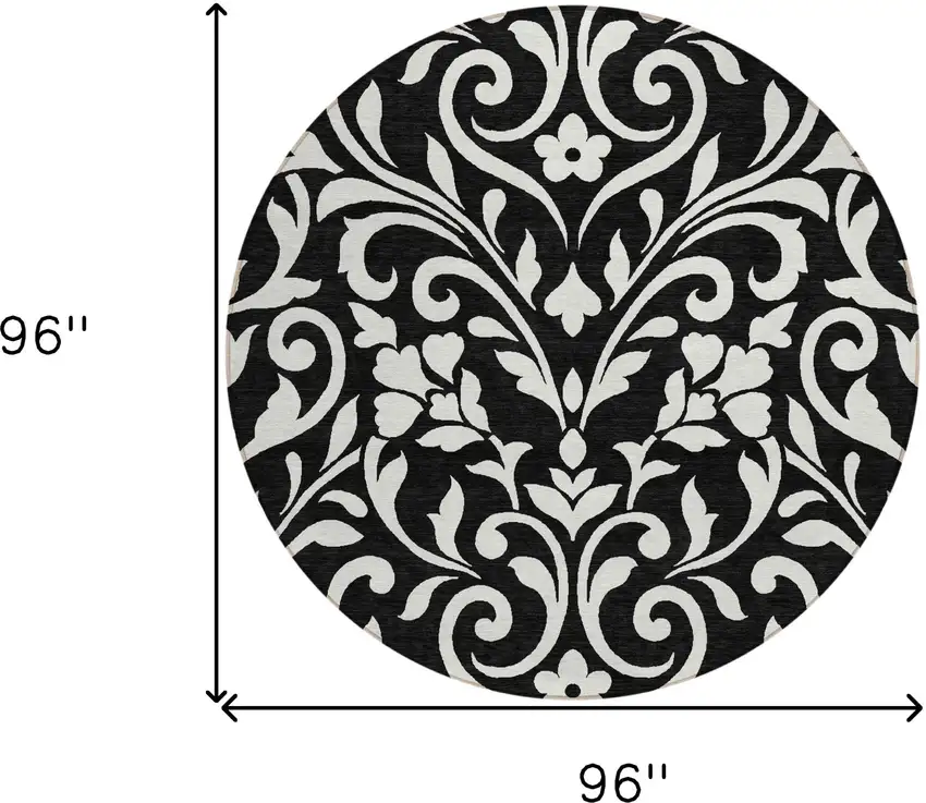 8' Black And Ivory Round Floral Washable Indoor Outdoor Area Rug Photo 3