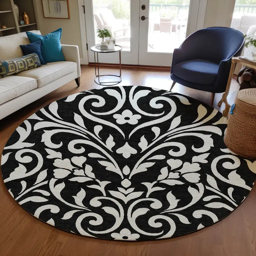 8' Black And Ivory Round Floral Washable Indoor Outdoor Area Rug Photo 7