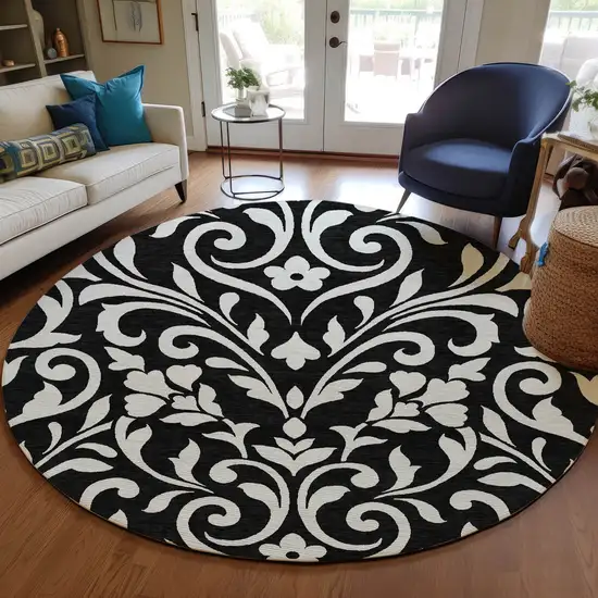 8' Black And Ivory Round Floral Washable Indoor Outdoor Area Rug Photo 7